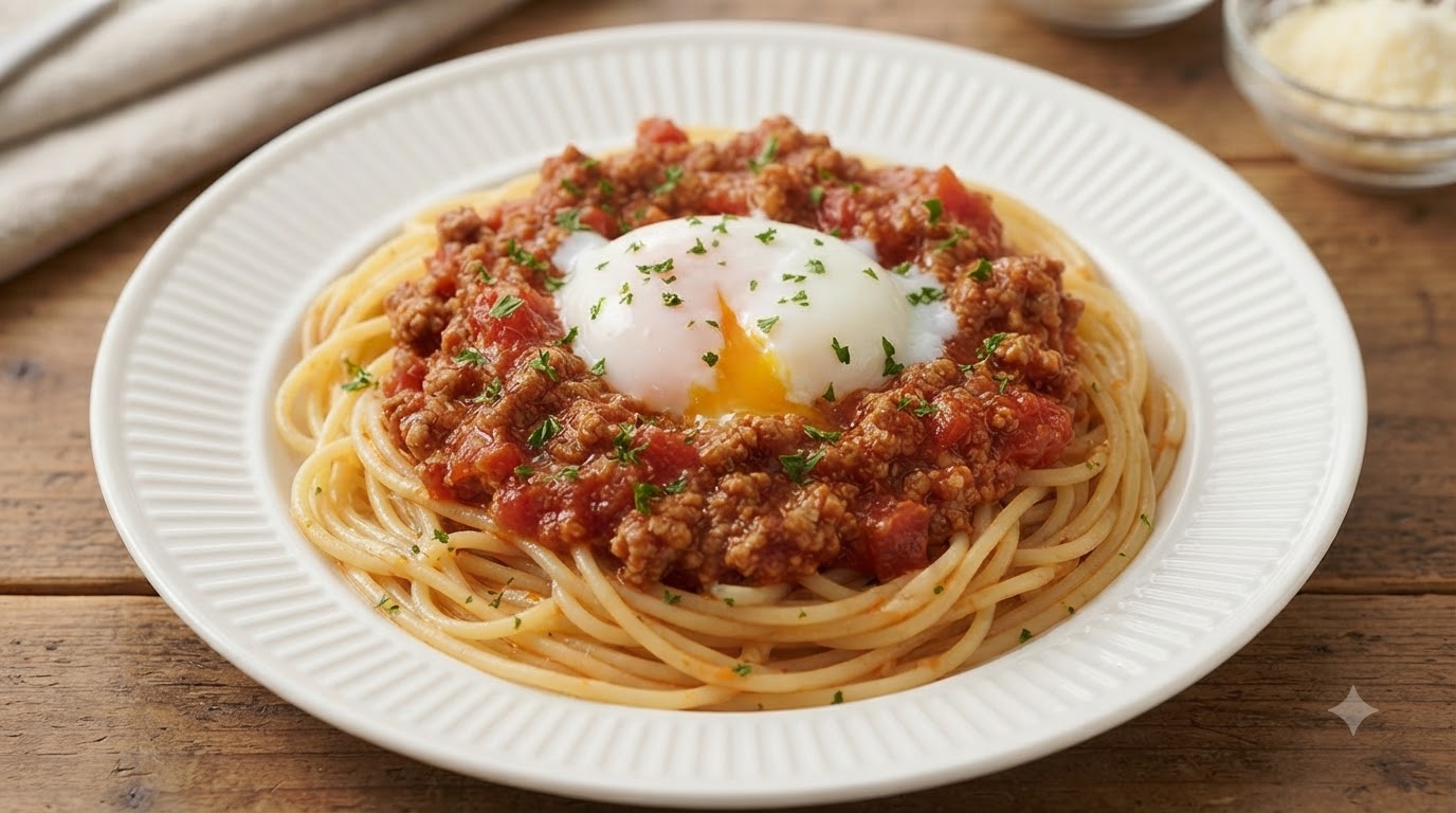 Spaghetti z mięsnym sosem pomidorowym i miękkim jajkiem