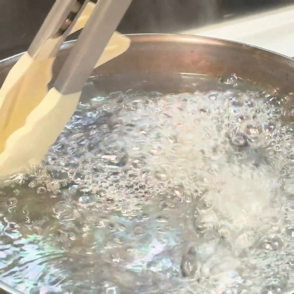 Naciąganie nitek spaghetti do wrzącej wody za pomocą szczypiec kuchennych.