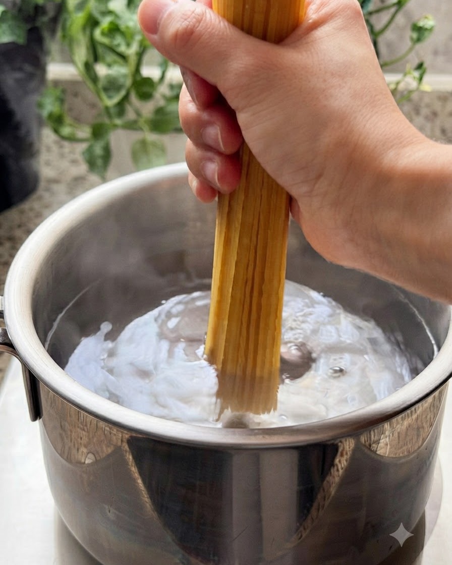 Pęczek suchego spaghetti wkładany do garnka z wrzącą wodą.