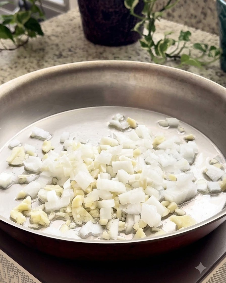 Płatki chili posypywane na patelnię z posiekaną cebulą, czosnkiem i brokułem.