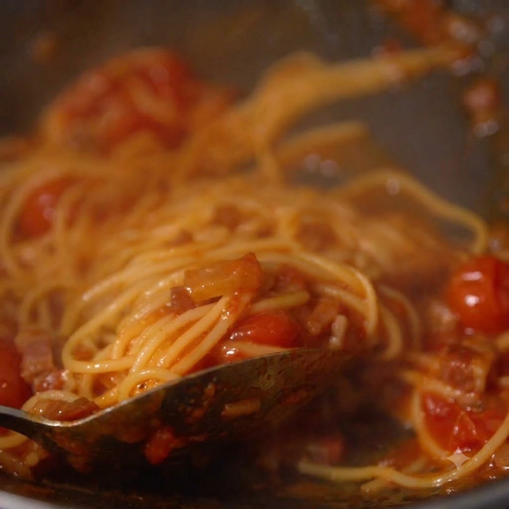 Ugotowane nitki spaghetti mieszające się z czerwonym sosem pomidorowym i mięsnym wewnątrz patelni.