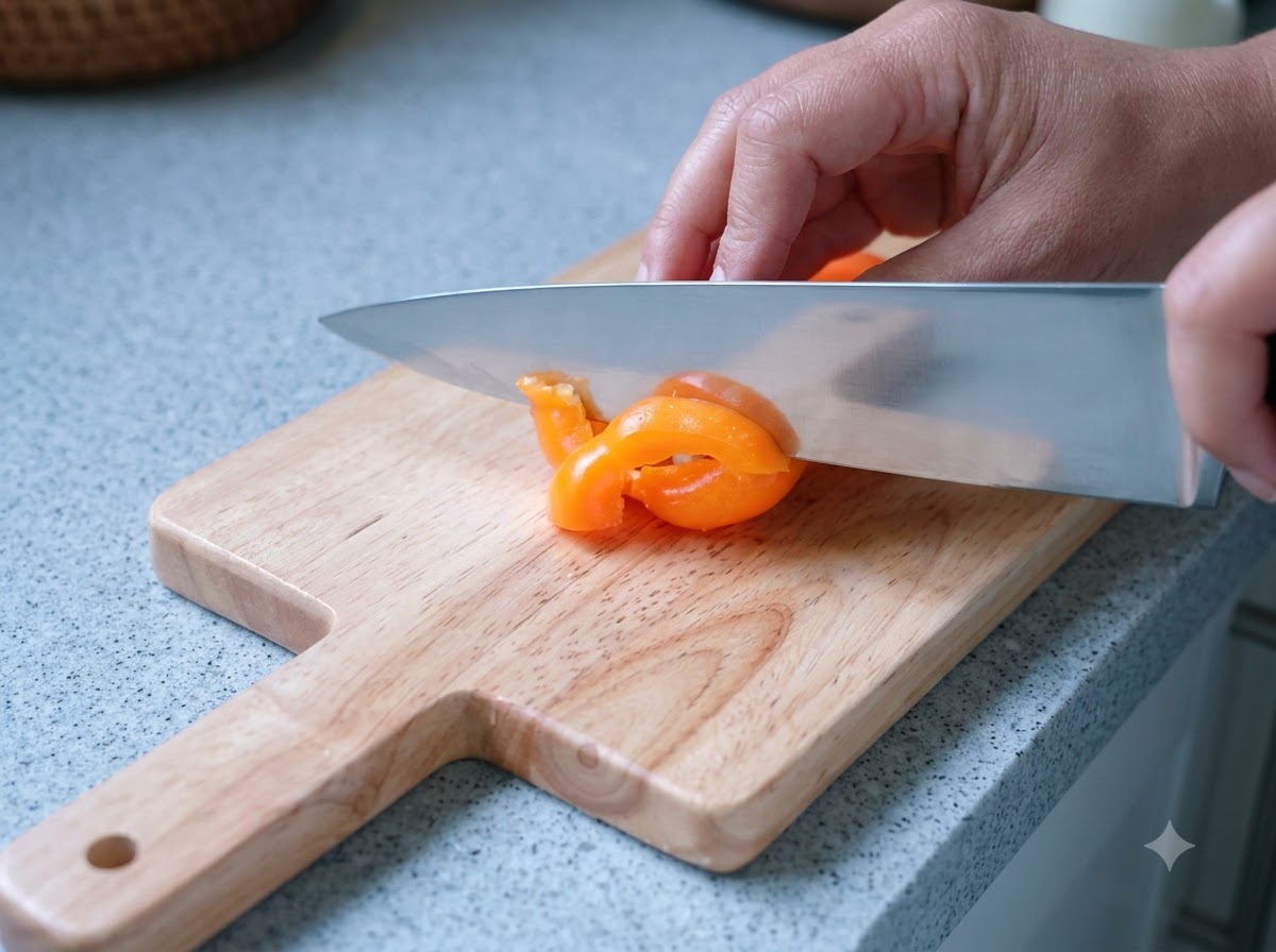 Pomarańczowa paprika krojona na desce do krojenia.