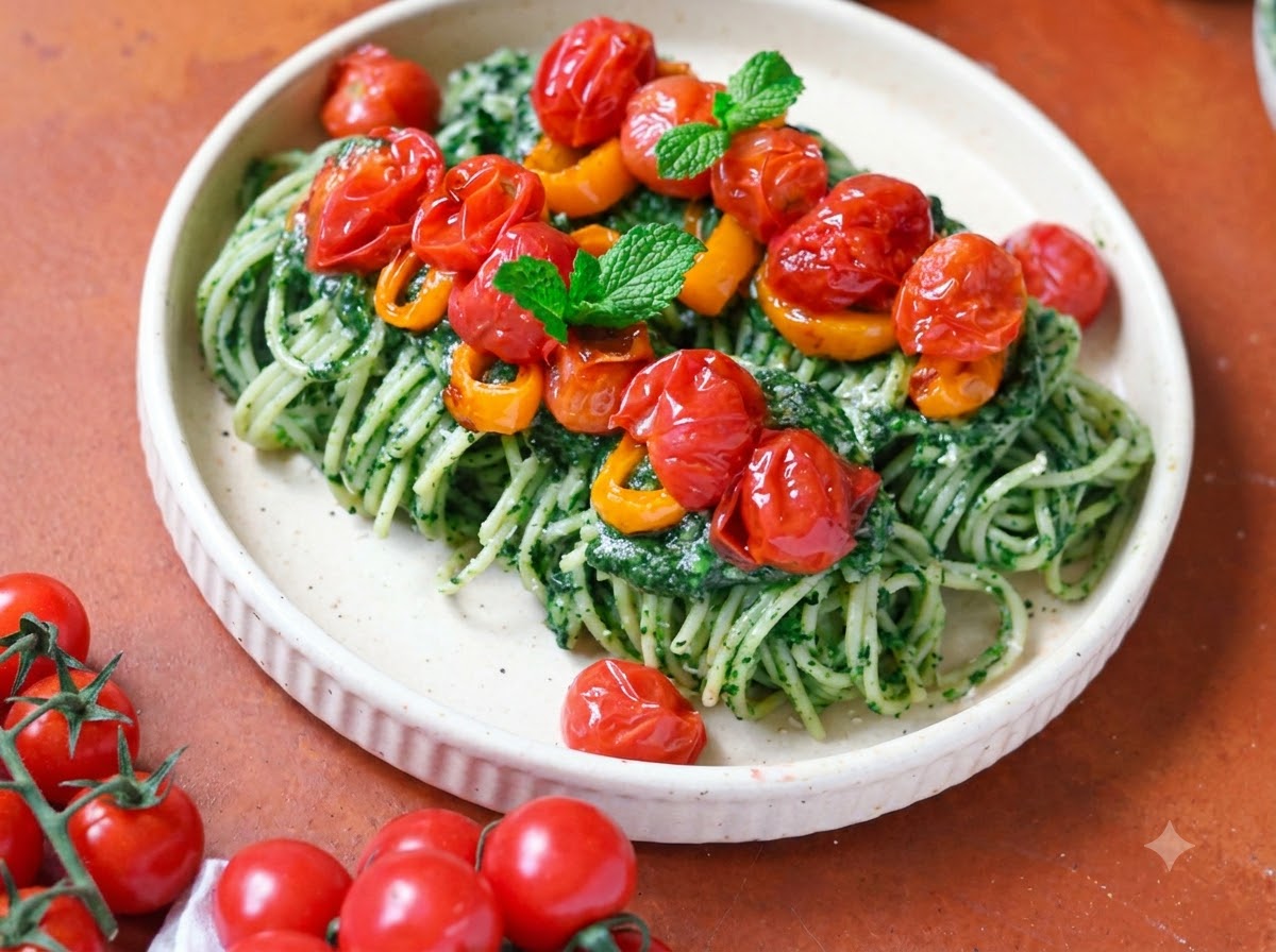 Ugotowane nitki spaghetti przekładane szczypcami do patelni z zielonym sosem.