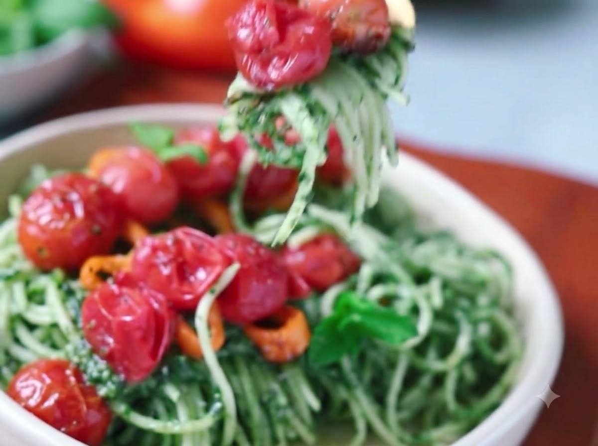 Makaron spaghetti dokładnie mieszany ze szpinakowym pesto za pomocą szczypiec.