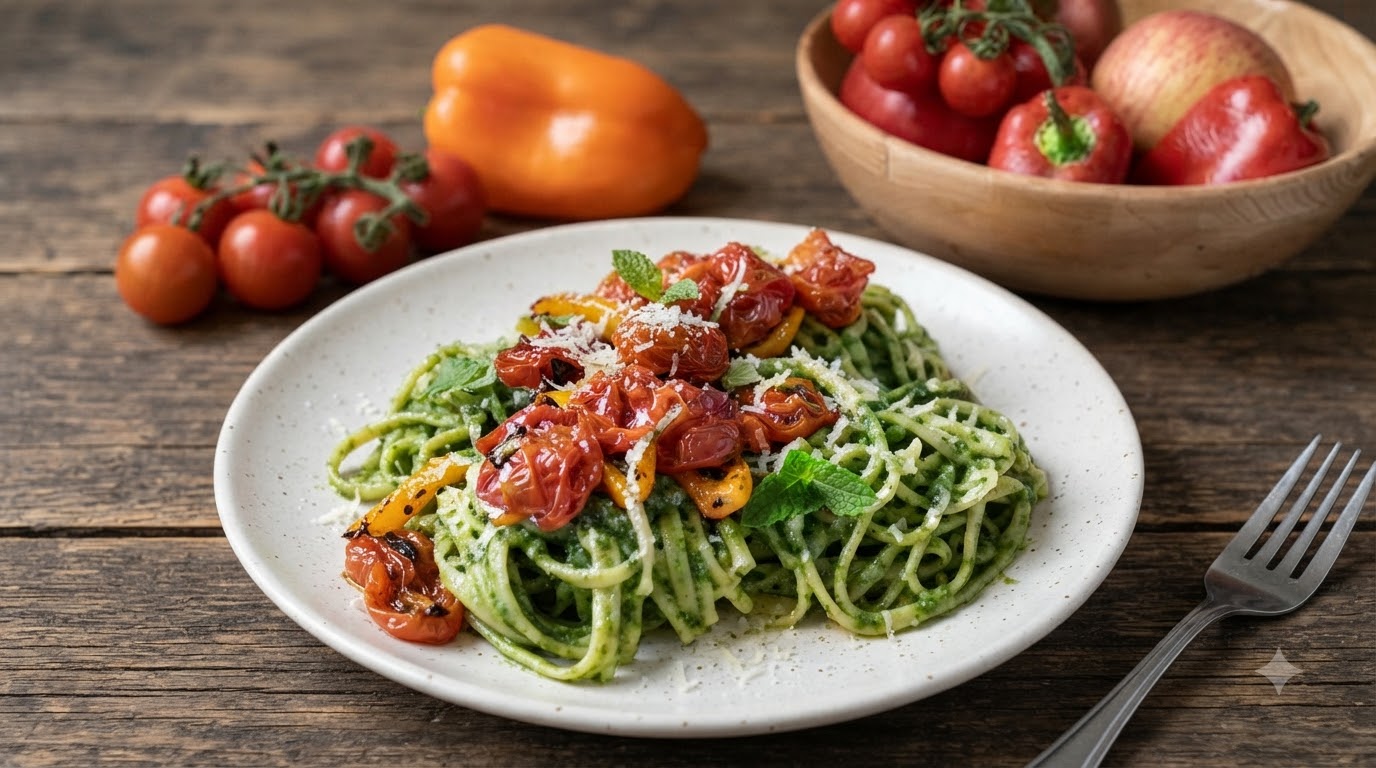 Wiosenne pesto ze szpinaku z pieczonymi pomidorkami koktajlowymi i papryką