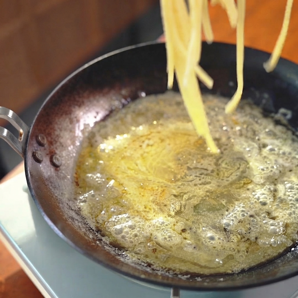 Ugotowane nitki spaghetti przekładane i dodawane do patelni z sosem za pomocą metalowych szczypiec.