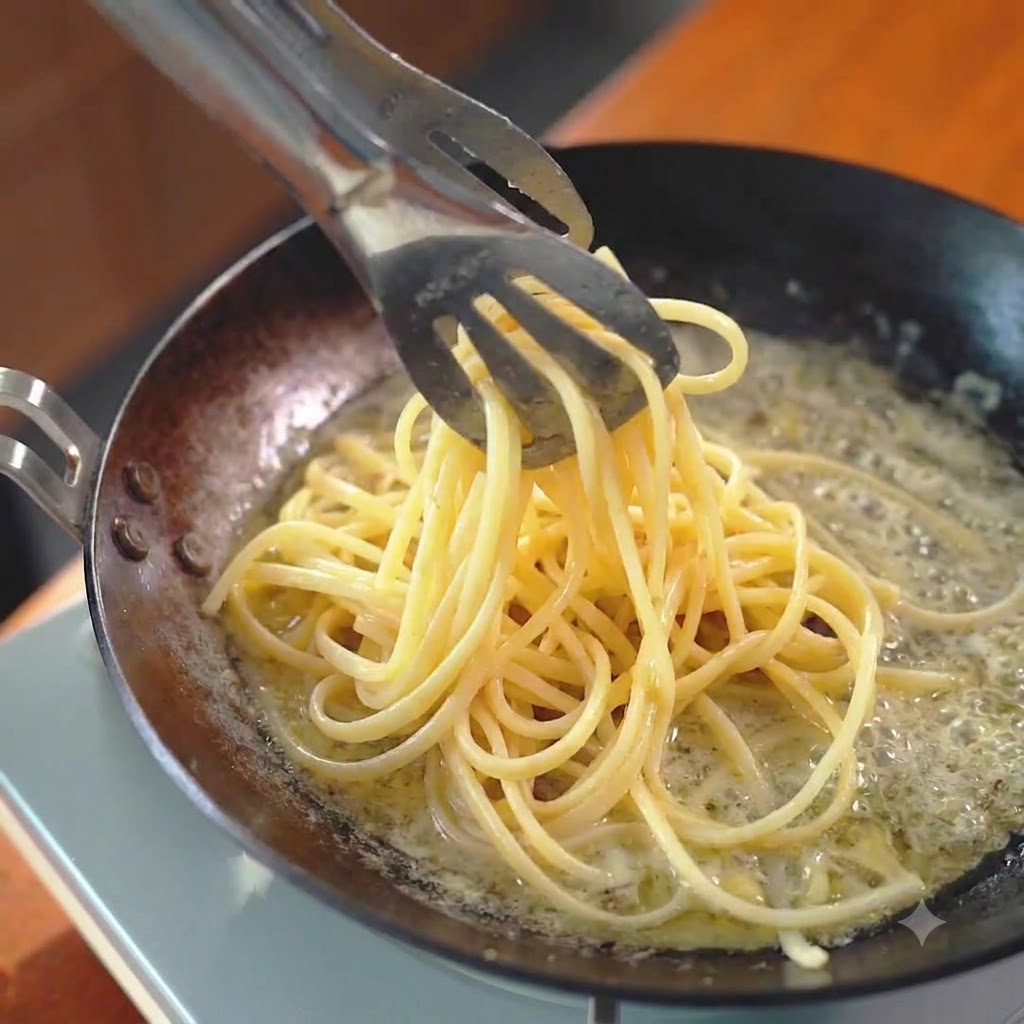 Nitki spaghetti mieszane z zielonymi kawałkami bazylii na patelni za pomocą metalowych szczypiec.