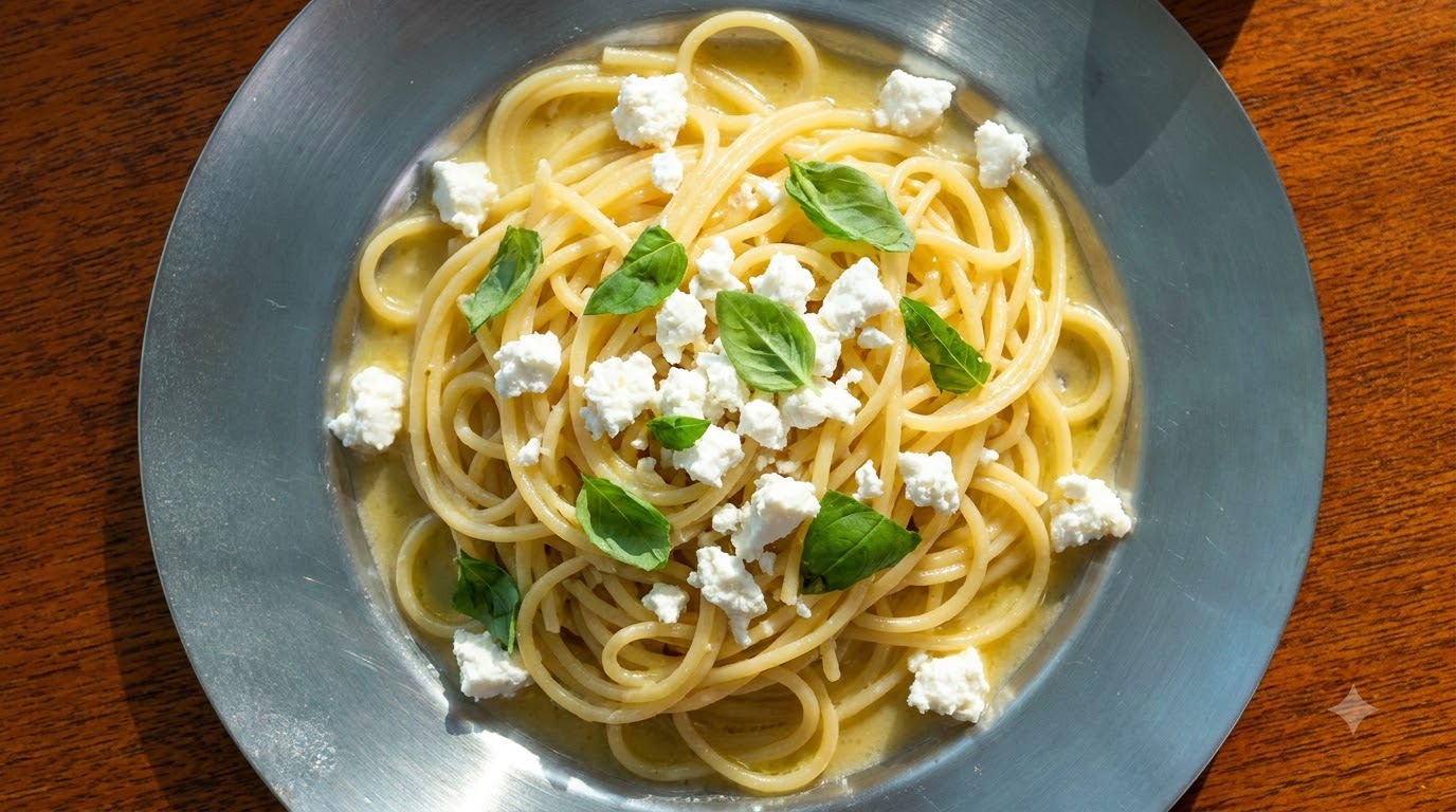Srebrny talerz zawierający ugotowane spaghetti wymieszane z sosem, przyozdobione pokruszonym serem kozim i świeżymi liśćmi bazylii