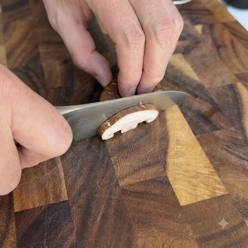 Grzyby shiitake krojone na grube plasterki na drewnianej desce do krojenia.