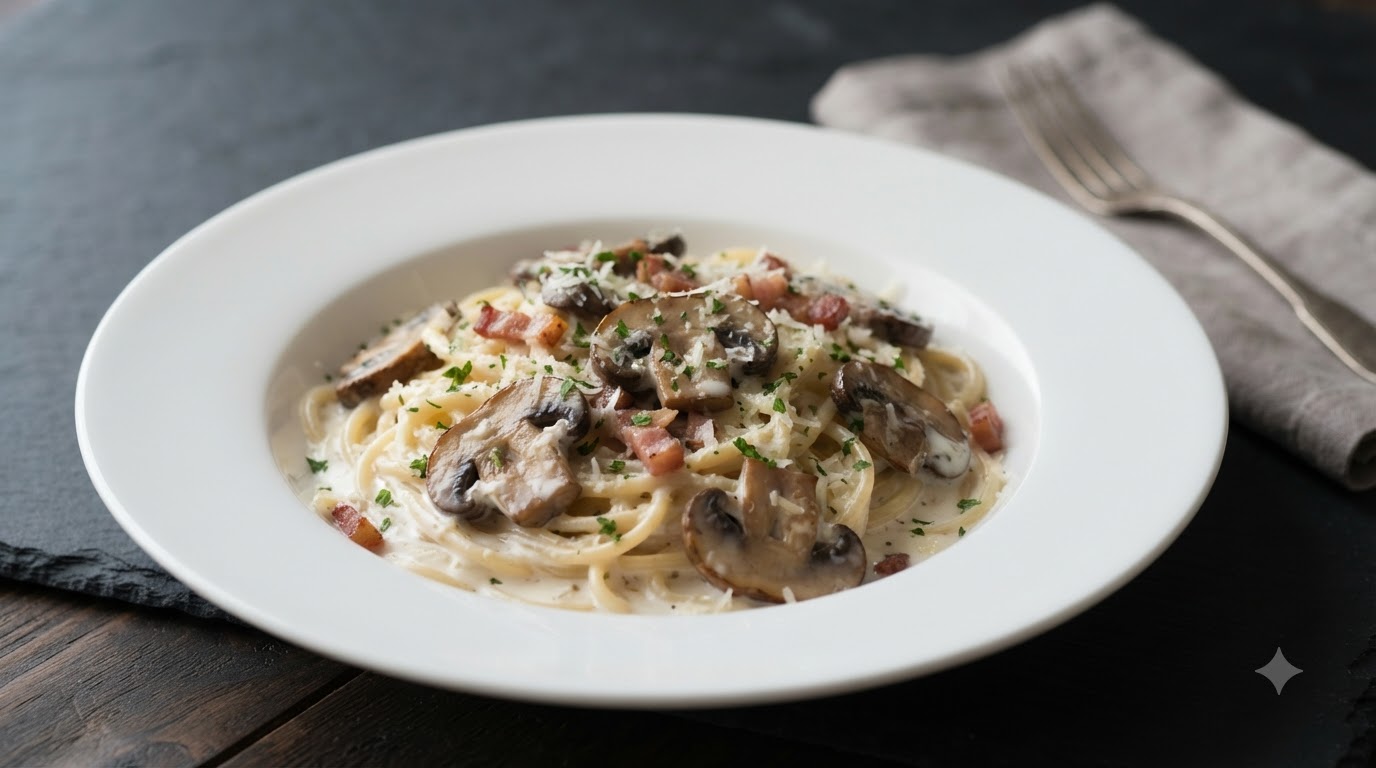 Kremowy makaron spaghetti z grzybami i boczkiem