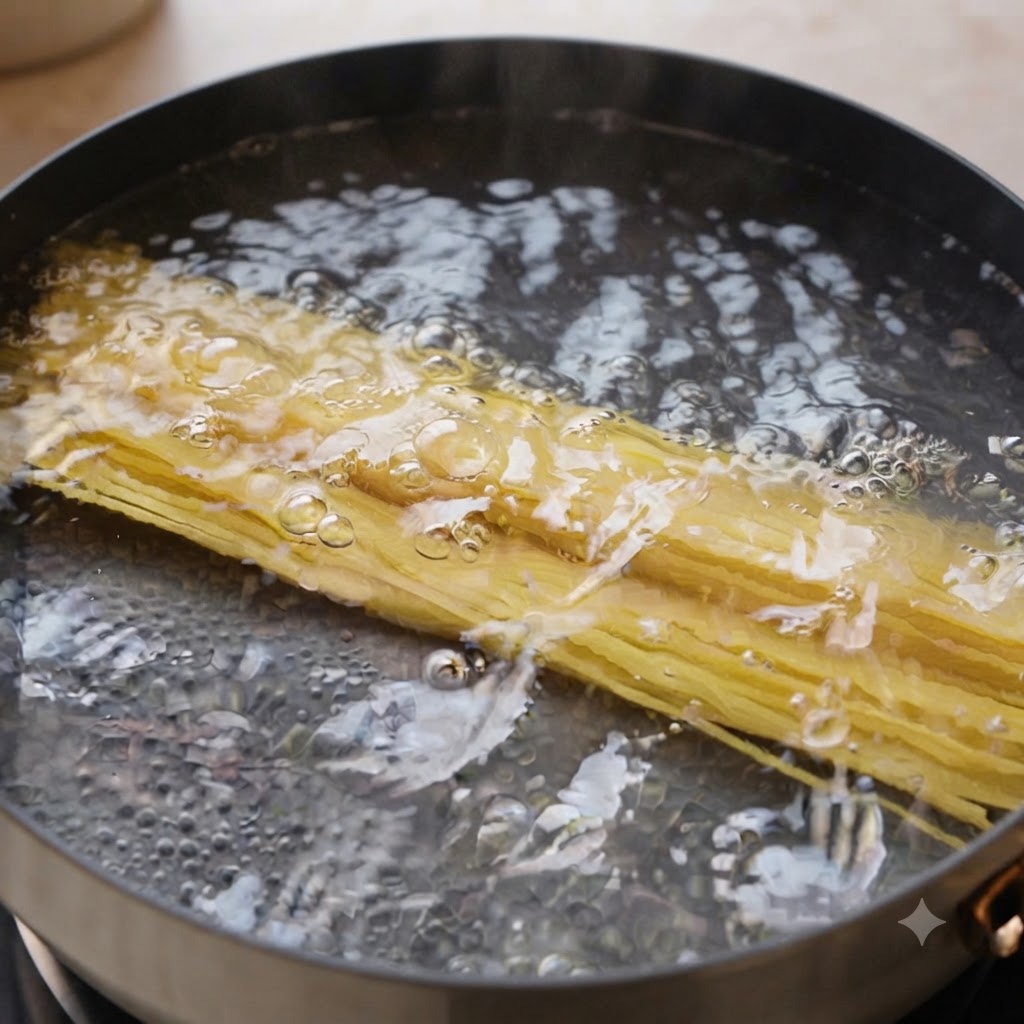 Surowy makaron spaghetti zanurzający się i gotujący w garnku z gorącą, bulgoczącą wodą.