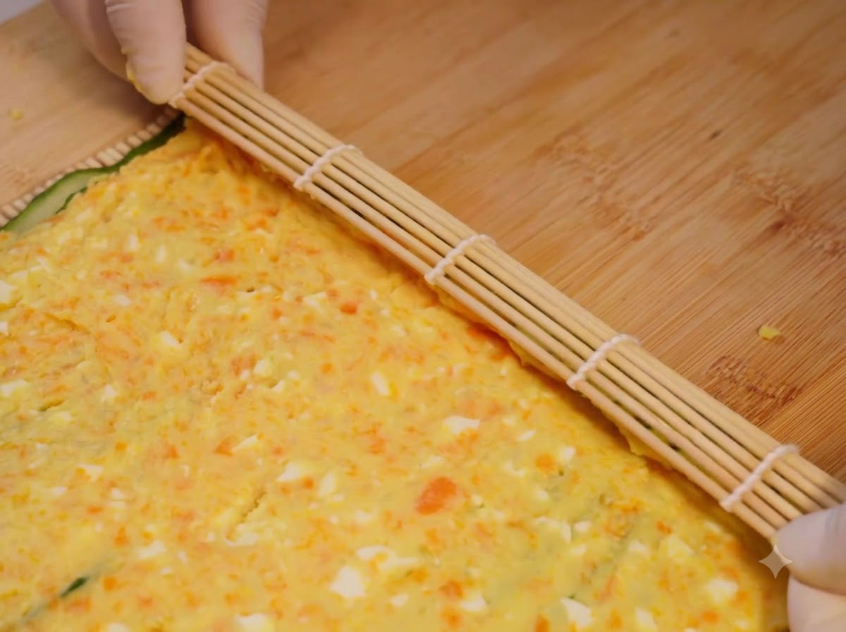 Bambusowa mata do sushi używana do ciasnego zwijania ułożonej warstwowo sałatki z ogórków i ziemniaków.
