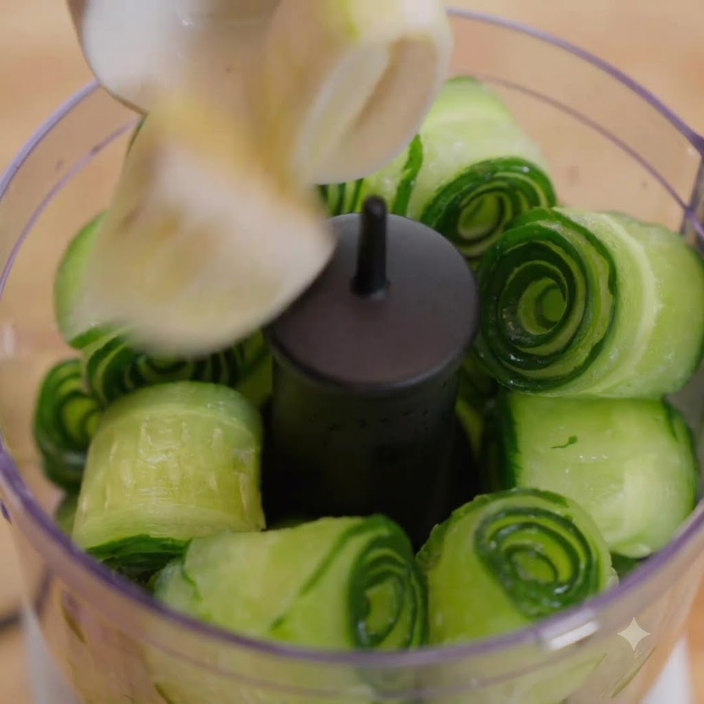 Zbliżenie na malakser blendujący rolady ogórkowe i cytrynę na zielone puree.