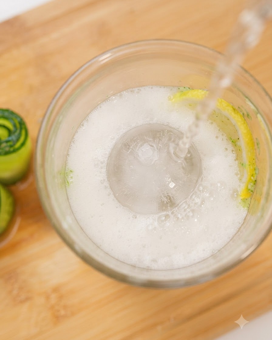 Sprite wlewany na dużą kulę lodu, plasterek cytryny i puree z ogórka w szklance.