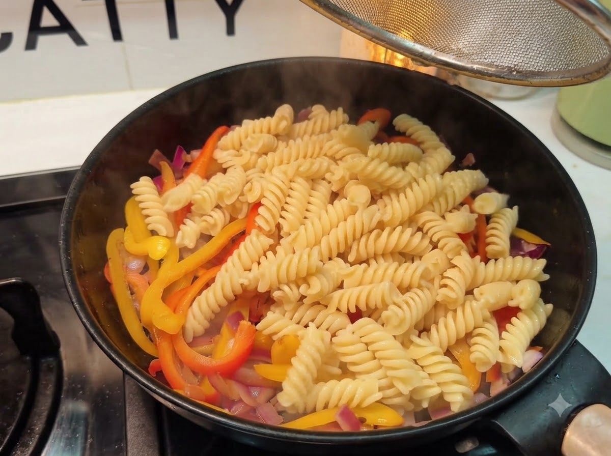 Spiralny makaron fusilli wrzucany na patelnię do ugotowanej mieszanki warzywnej.