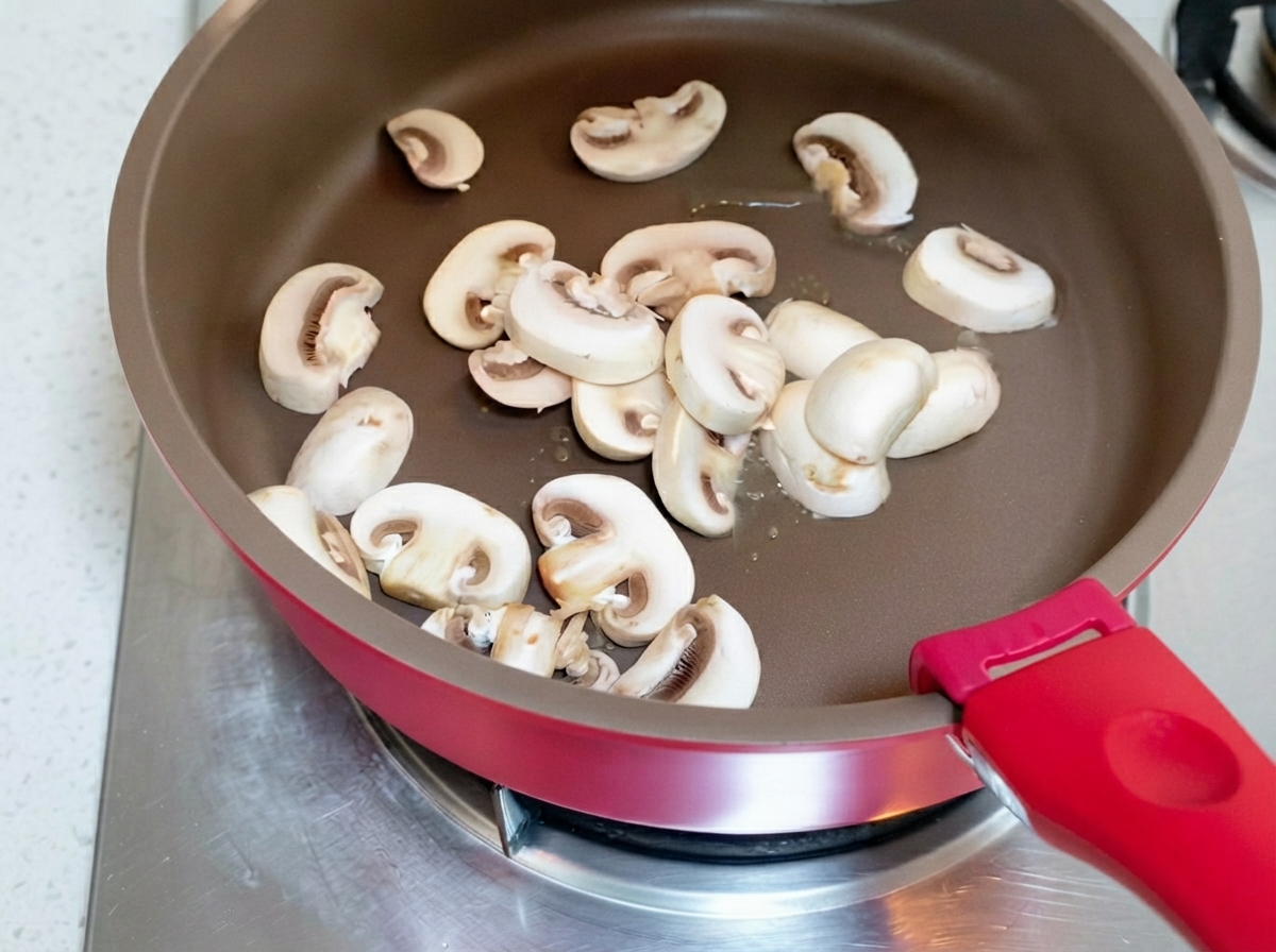 Plastry białych pieczarek skwierczące na brązowej patelni na palniku kuchenki.