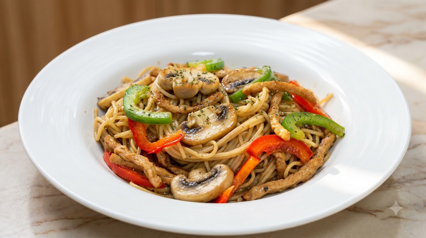 Spaghetti z czarnym pieprzem i roślinnymi paskami białkowymi