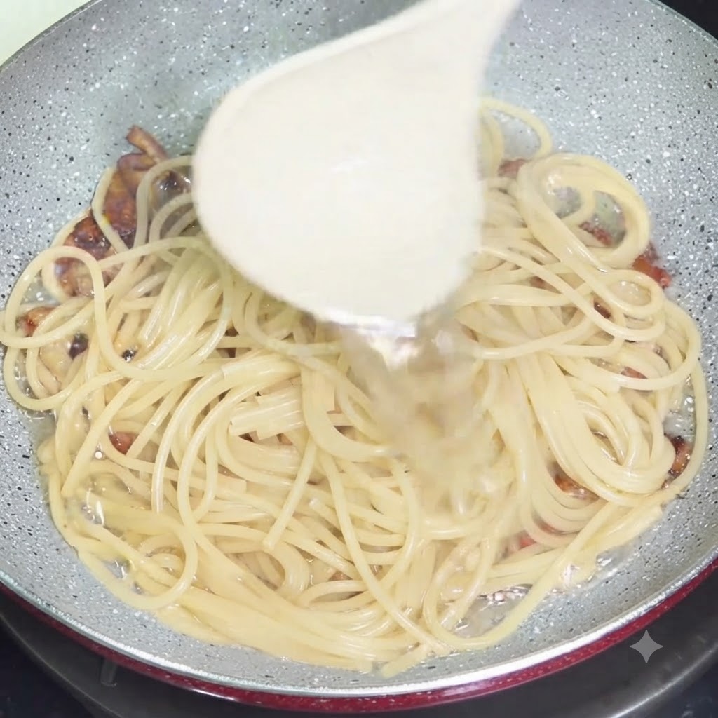 Biała chochelka wlewająca bogatą w skrobię wodę z makaronu do patelni wypełnionej ugotowanym spaghetti i chrupiącymi kawałkami guanciale.