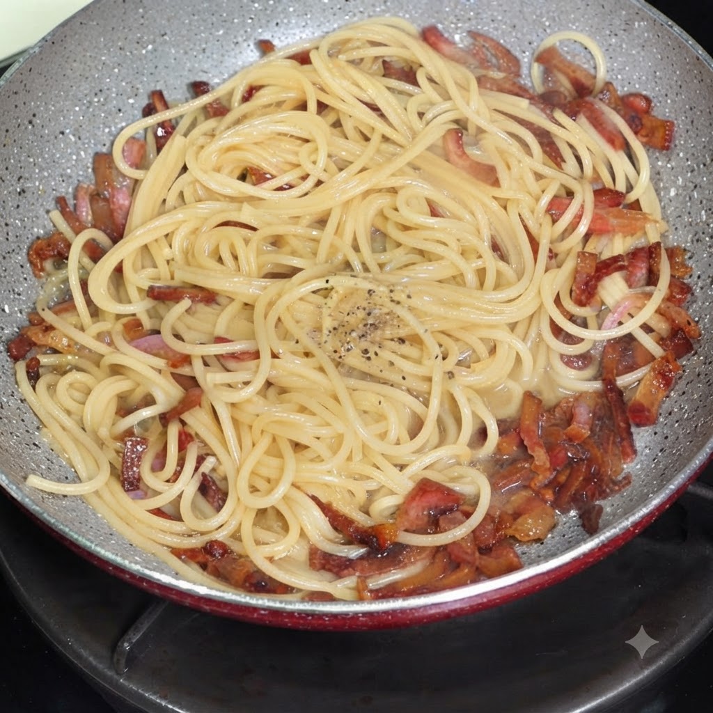 Czarny pieprz i żółty sos z żółtek oraz sera znajdujące się na wierzchu spaghetti na patelni.