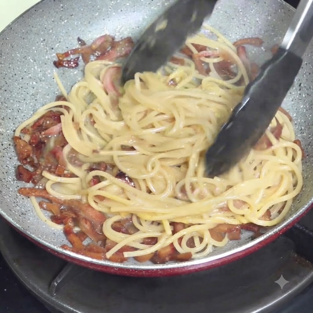 Szczypce mieszające spaghetti i sos na patelni poza palnikiem, aby uzyskać kremową konsystencję.