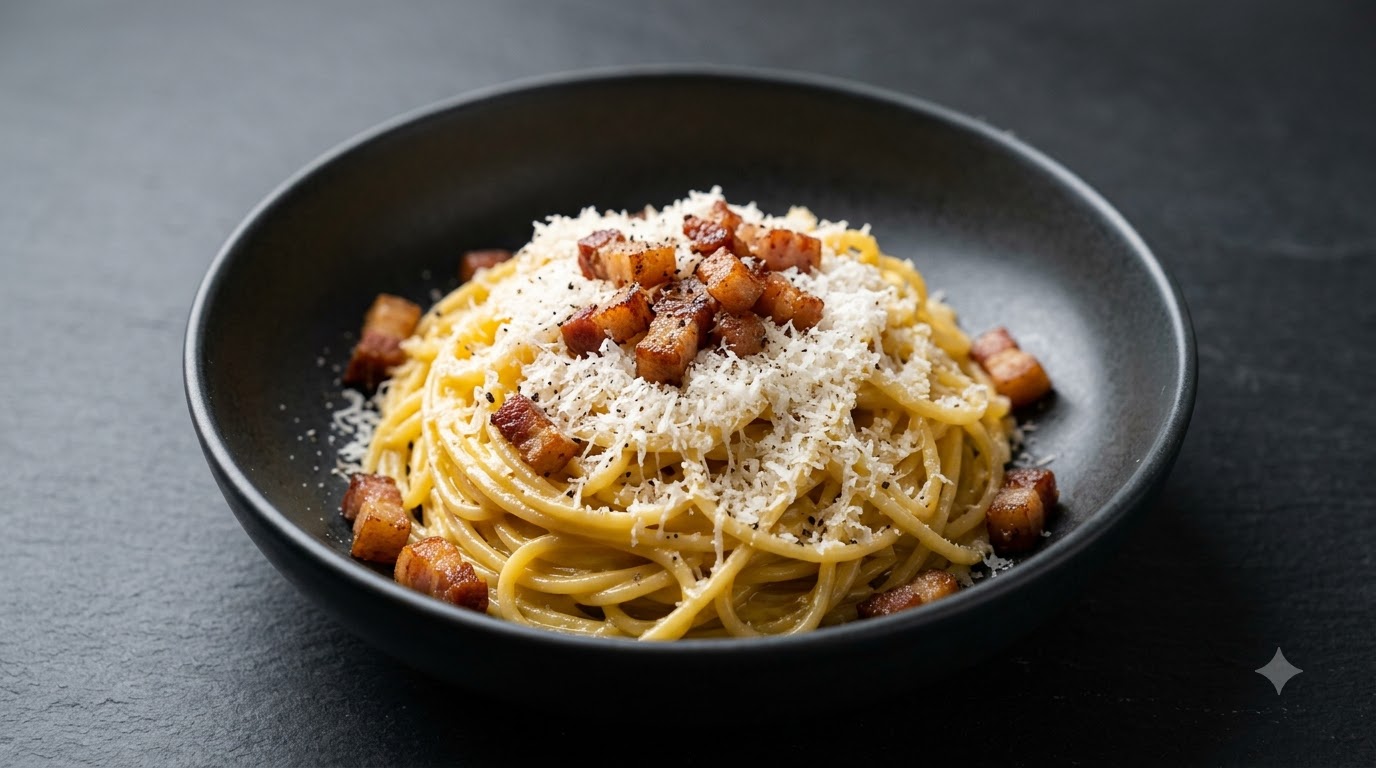 Miska tradycyjnego makaronu carbonara posypana chrupiącymi kawałkami guanciale i świeżo startym serem