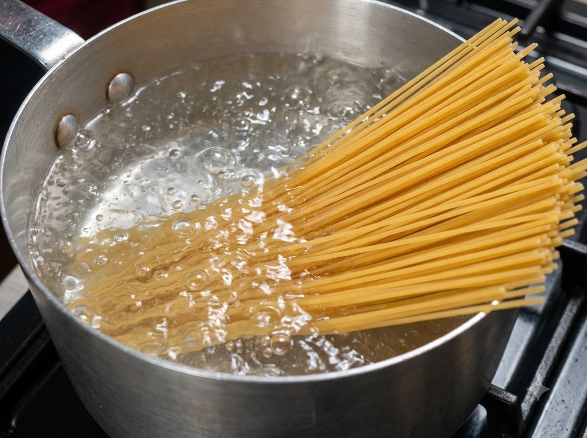 Suchy makaron spaghetti zanurzany w garnku z mocno wrzącą wodą.