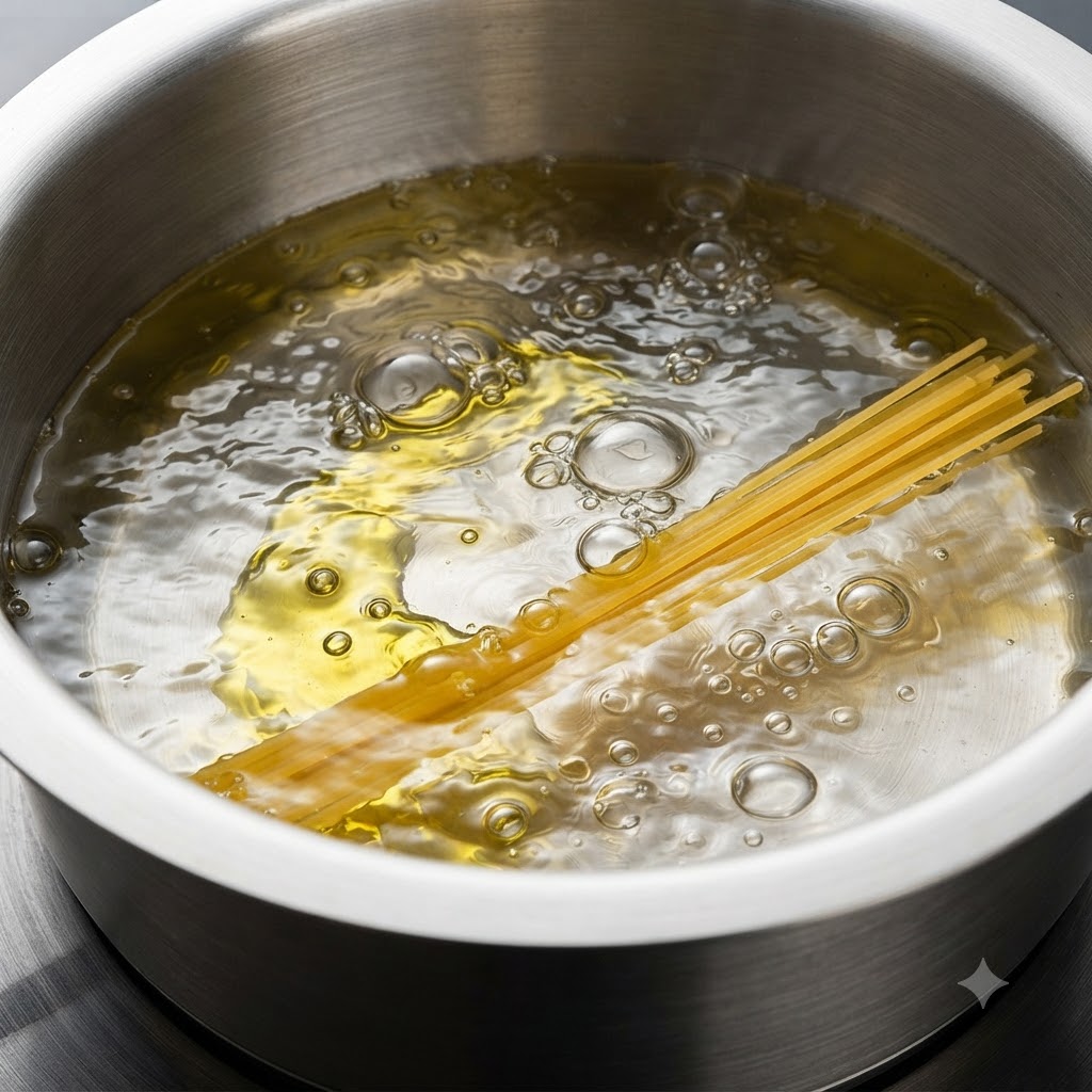 Makaron spaghetti gotujący się w garnku z wrzącą wodą.
