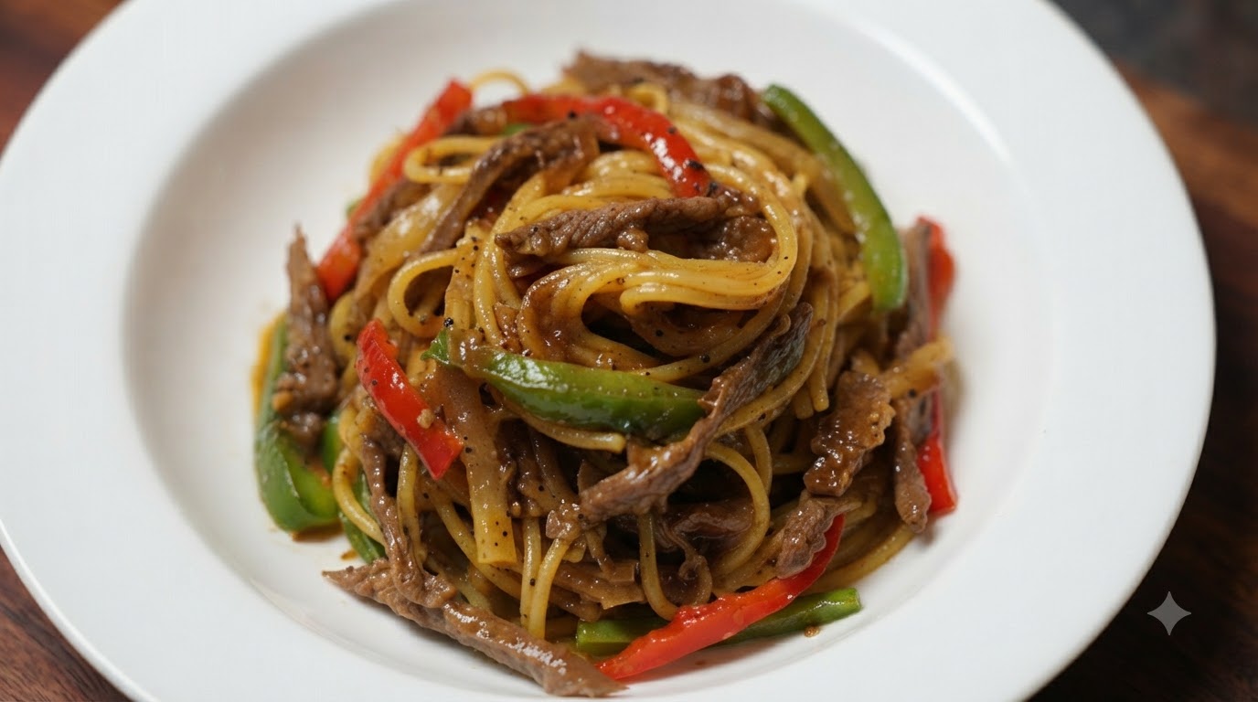 Spaghetti z Wołowiną w Sosie Pieprzowym