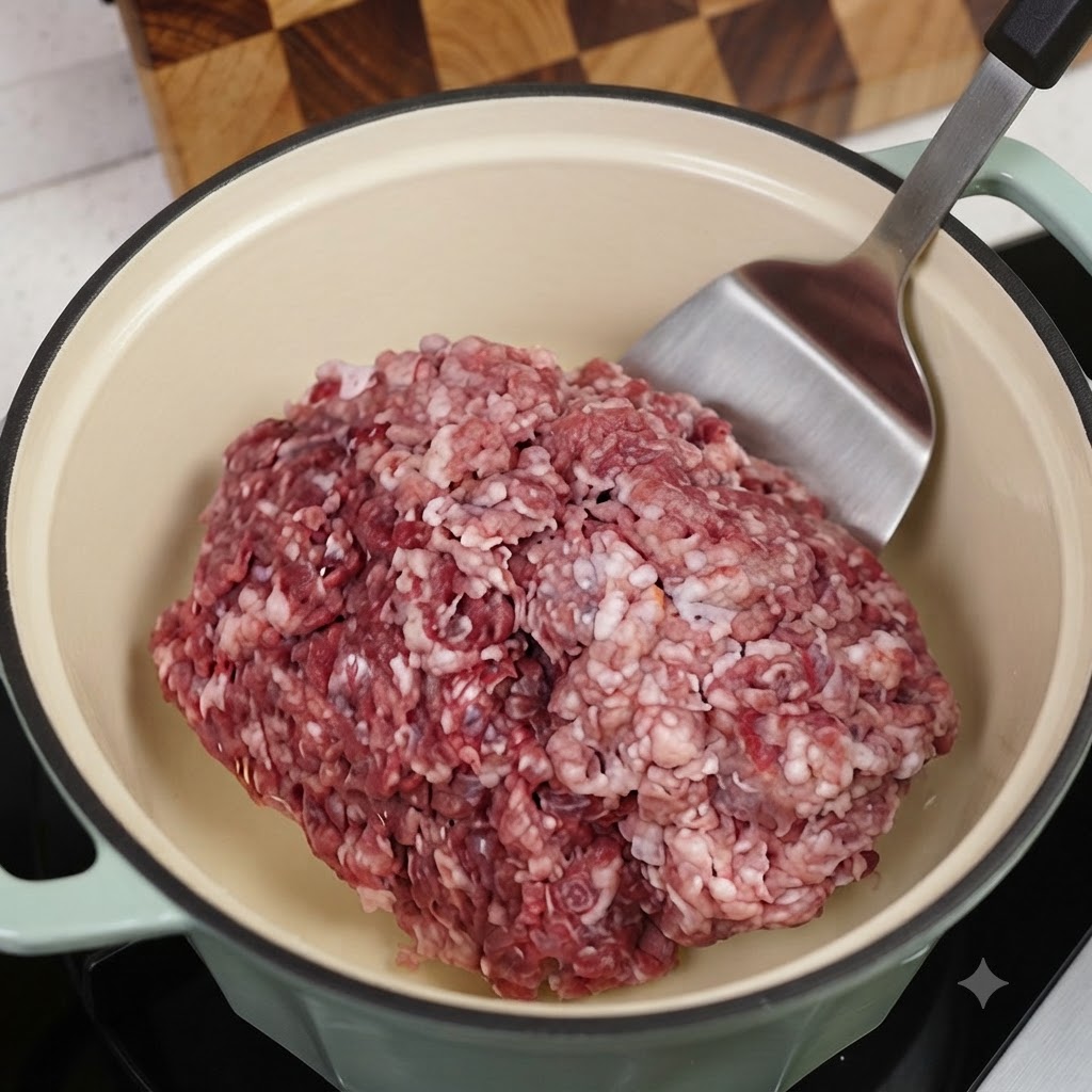 Mielone mięso smażone w jasnozielonym garnku żeliwnym przy użyciu metalowej łopatki.