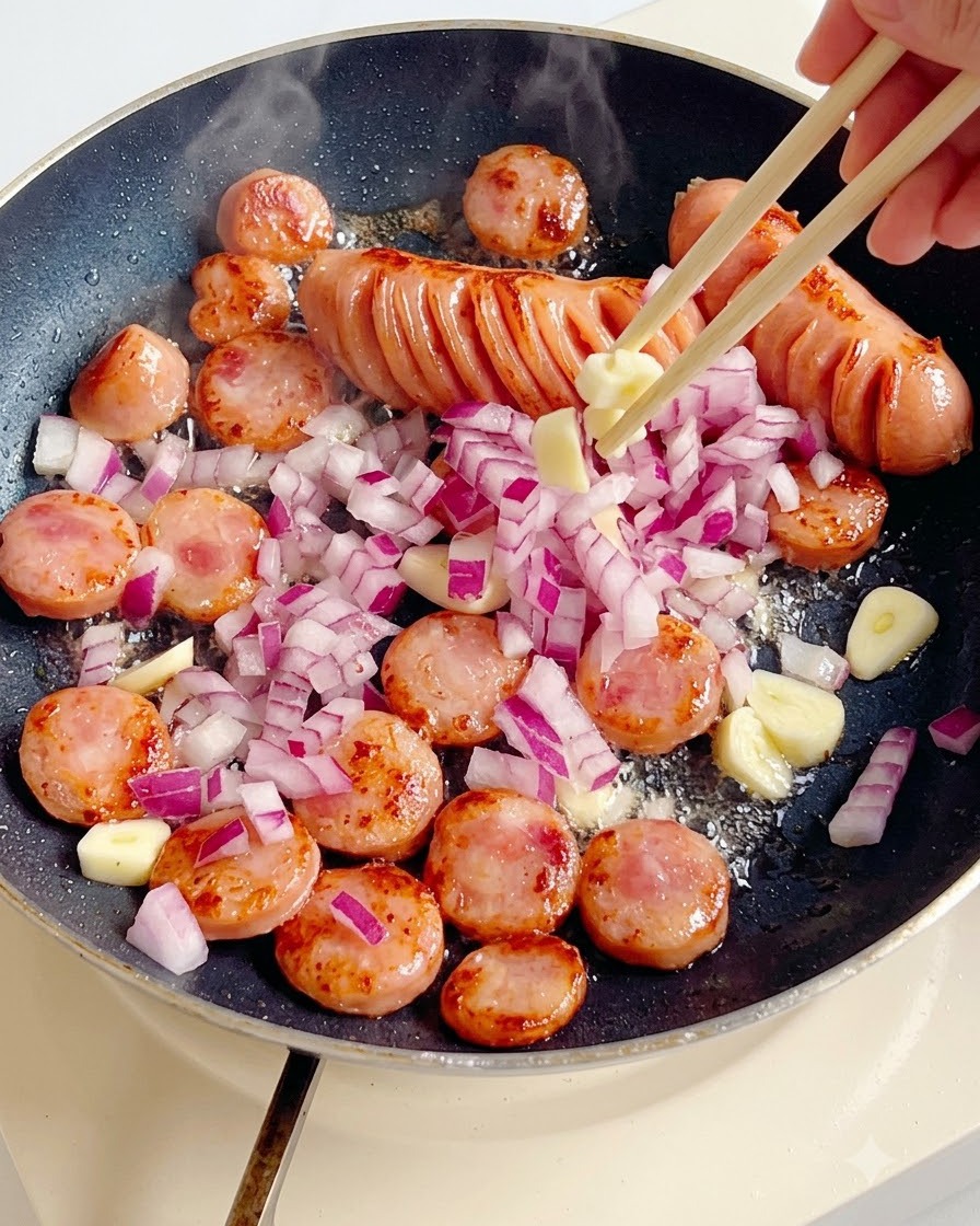 Kawałki czerwonej cebuli, czosnek i pokrojona kiełbasa stir-fry na patelni z całymi kiełbasami.