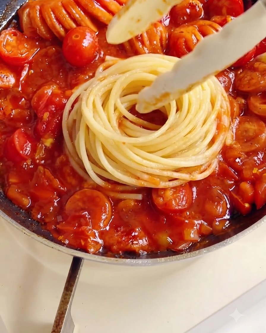 Zgrabne gniazdo ugotowanego spaghetti umieszczane na patelni na gęstym sosie pomidorowym.