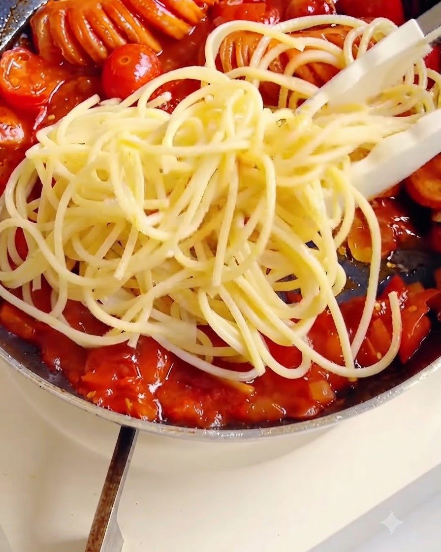Spaghetti mieszane szczypcami, aby dokładnie pokryć je gęstym sosem pomidorowym na patelni.