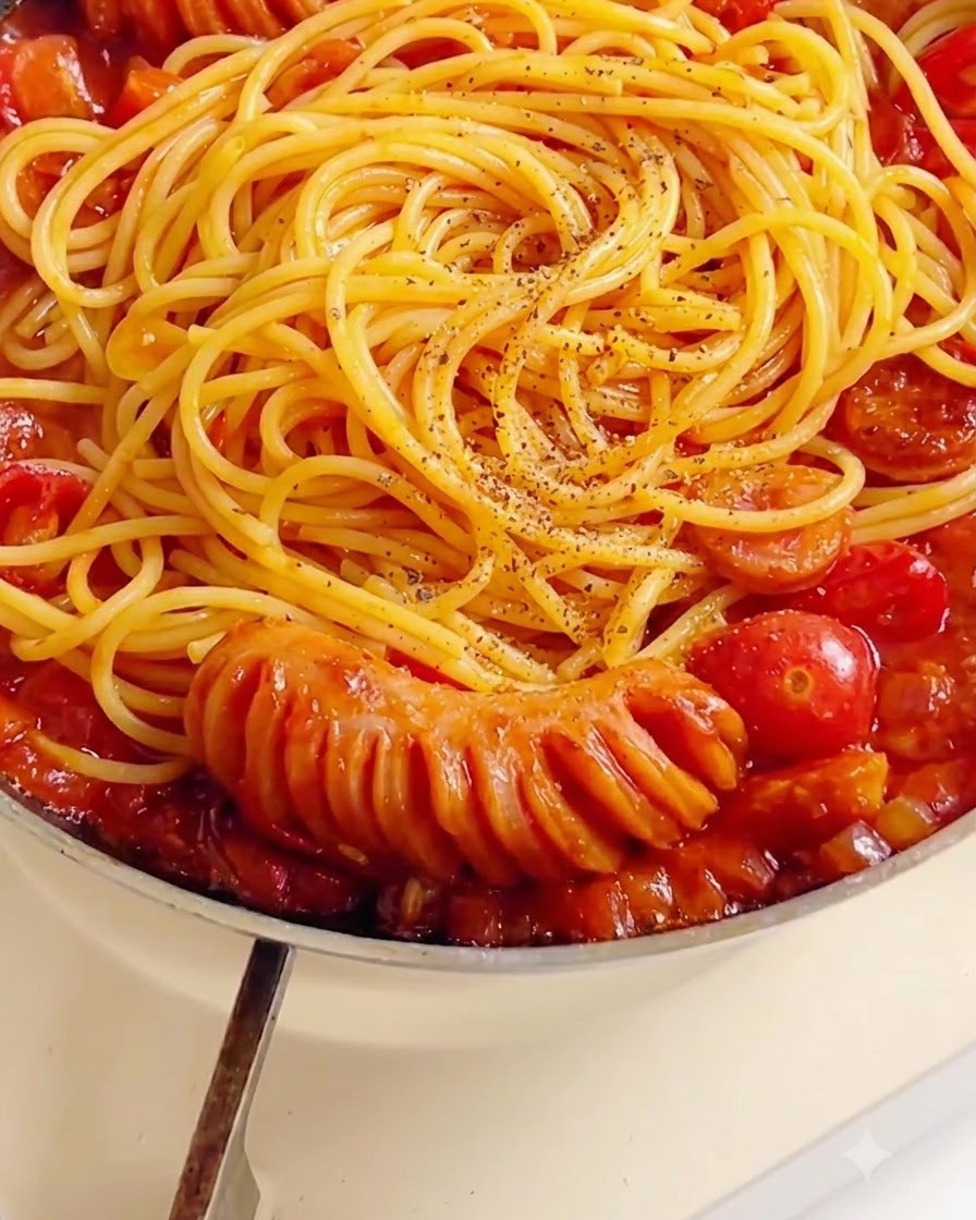 Świeżo mielony czarny pieprz i suszone zioła sypiące się nad patelnią ze spaghetti pokrytym czerwonym sosem pomidorowym.
