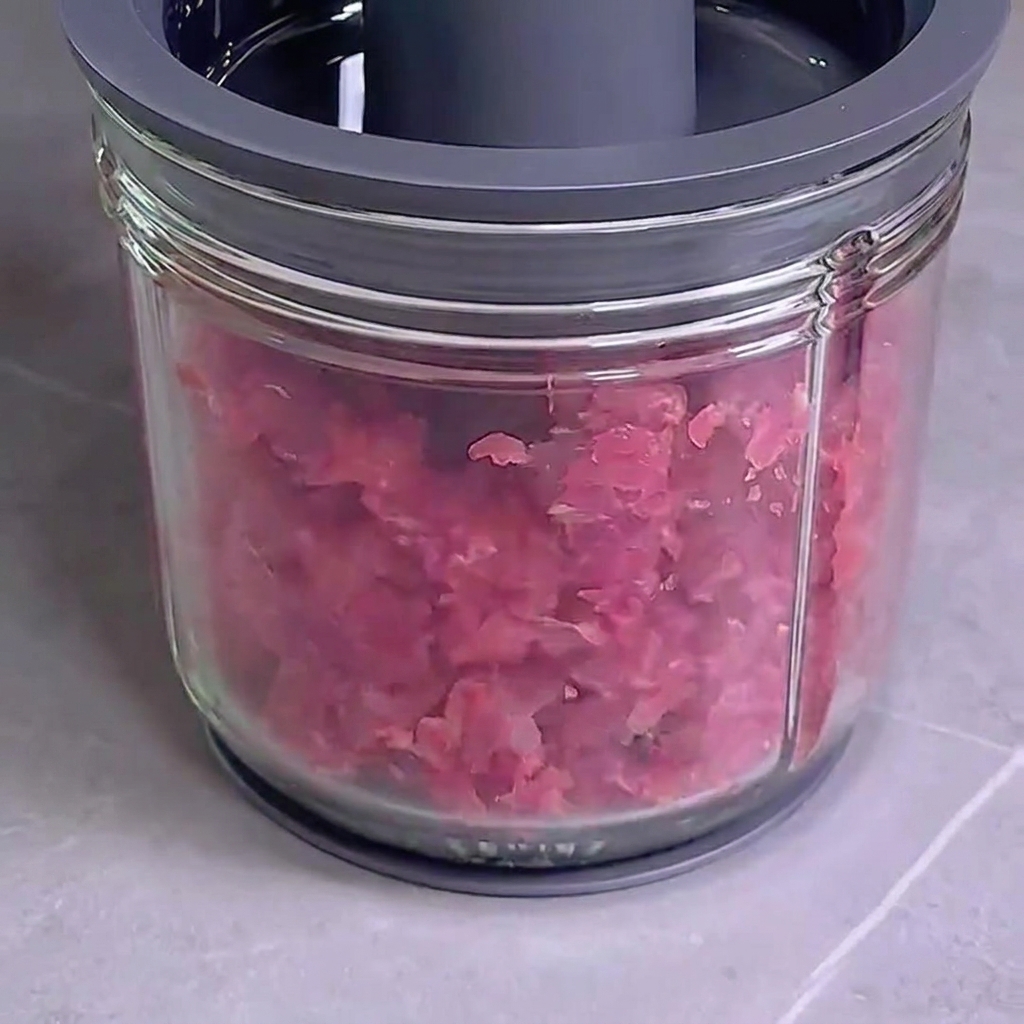 Kawałki surowego czerwonego mięsa mielone na grubą masę w szklanym malakserze.