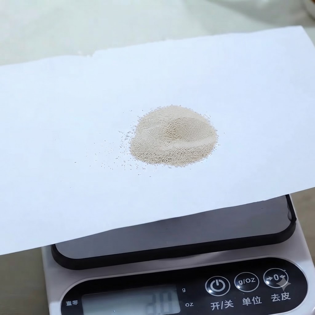 Mały kopiec suchych drożdży spoczywający na kawałku białego papieru na wadze cyfrowej wskazującej 2,0 grama.