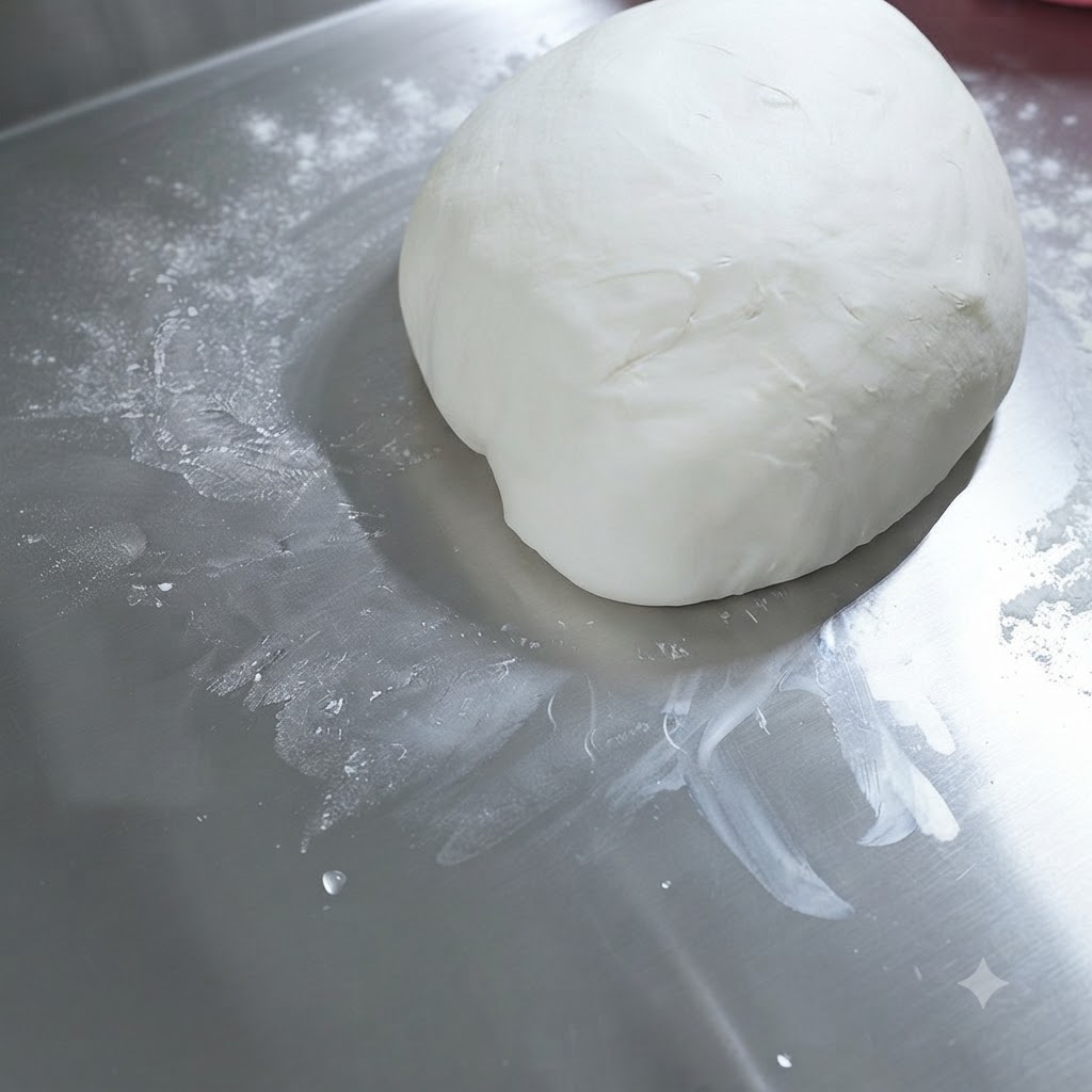 Gładka kula ciasta na pizzę spoczywająca na stalowej powierzchni z lekkim połyskiem oliwy z oliwek.