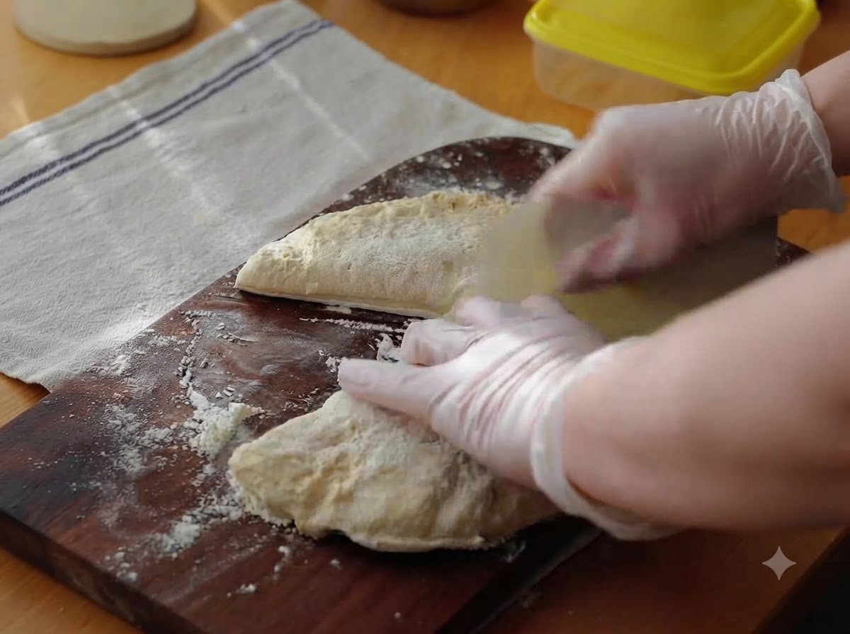 Ręce w rękawiczkach formujące i składające porcję ciasta do pizzy na oprószonej mąką drewnianej desce.