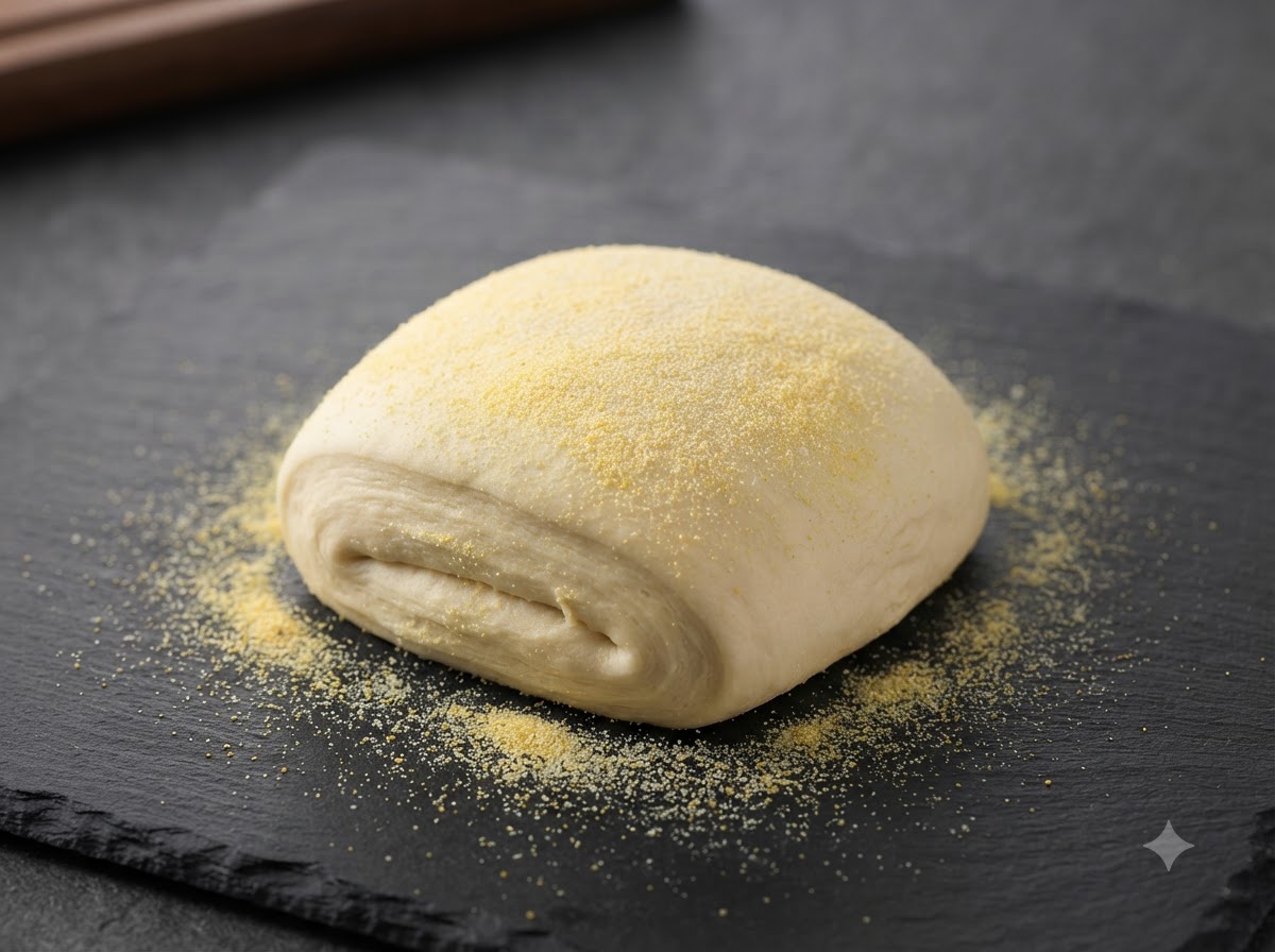 Kula ciasta do pizzy spoczywająca na łóżku z żółtej mąki z semoliny na ciemnej tablicy łupkowej.