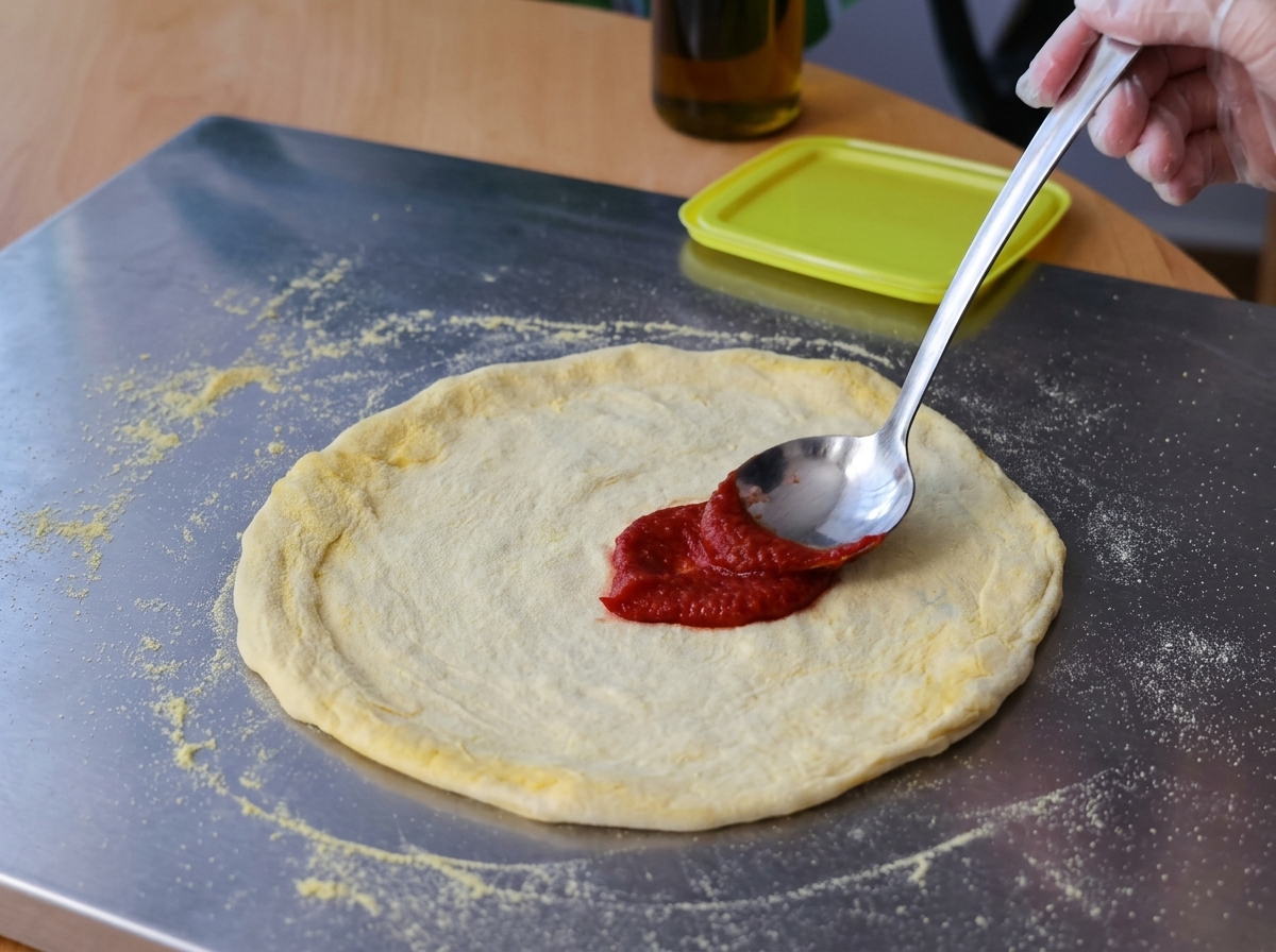 Ręka w rękawiczce używająca metalowej łyżki do równomiernego rozprowadzania jasnoczerwonej pasty pomidorowej na surowym, rozciągniętym spodzie pizzy na metalowej powierzchni.