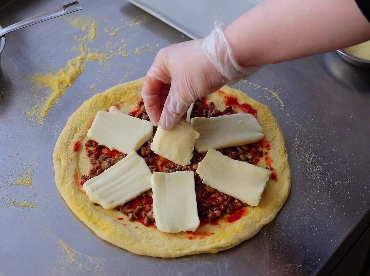 Układanie grubych, prostokątnych plasterków sera mozzarella na warstwie natto.