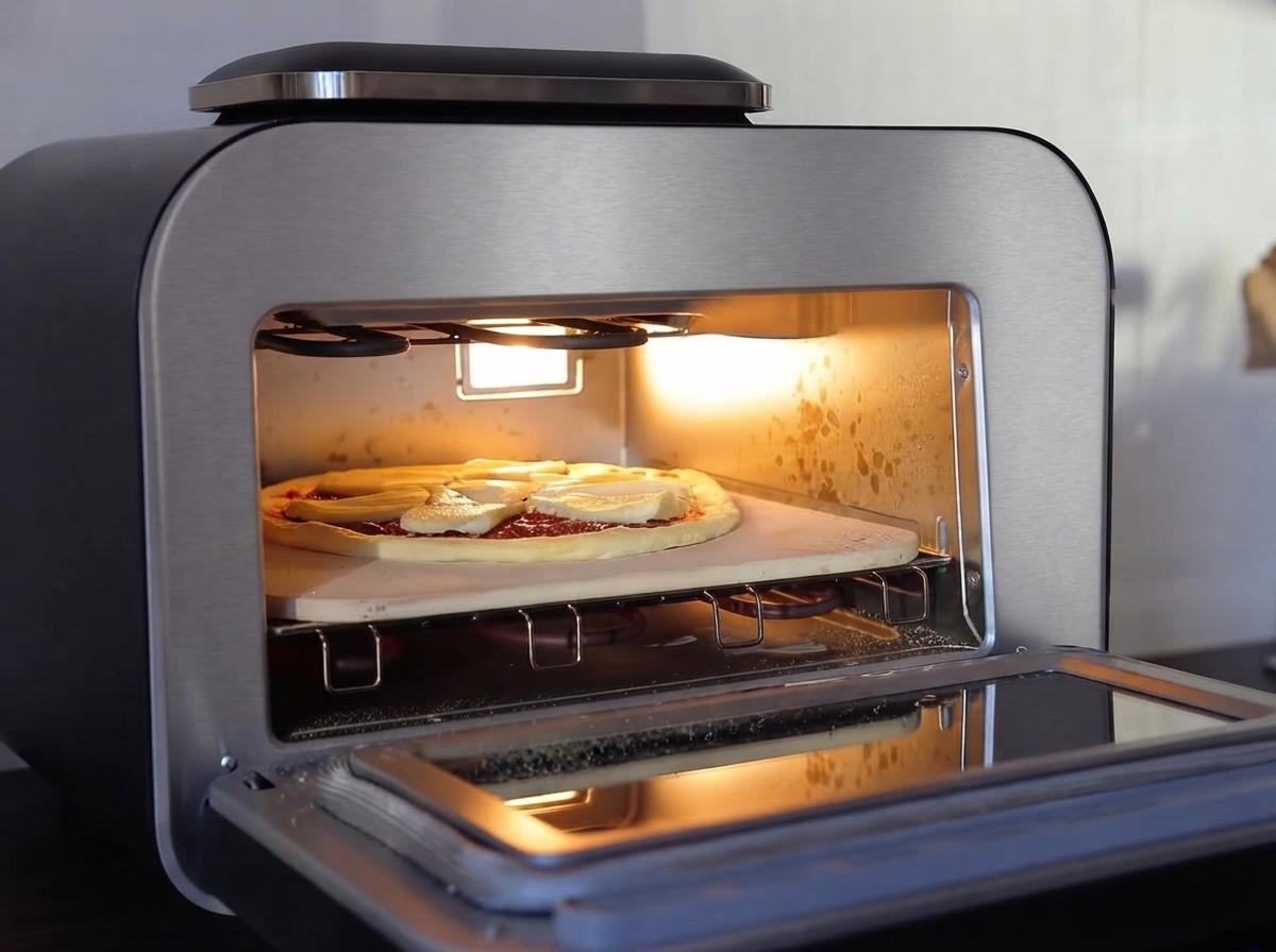Złożona pizza przekładana z łopaty na gorący kamień do pieczenia wewnątrz nablatowego elektrycznego pieca do pizzy.
