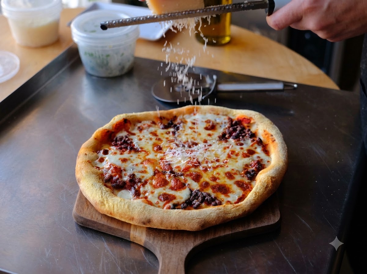 Świeży ser parmesan śtarty z bloku na gorącą, świeżo upieczoną pizzę na drewnianej łopacie.