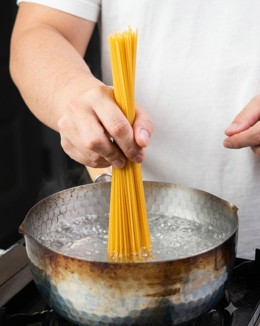 Garść suchego spaghetti wkładana do garnka z gotującą się, bulgoczącą wodą.