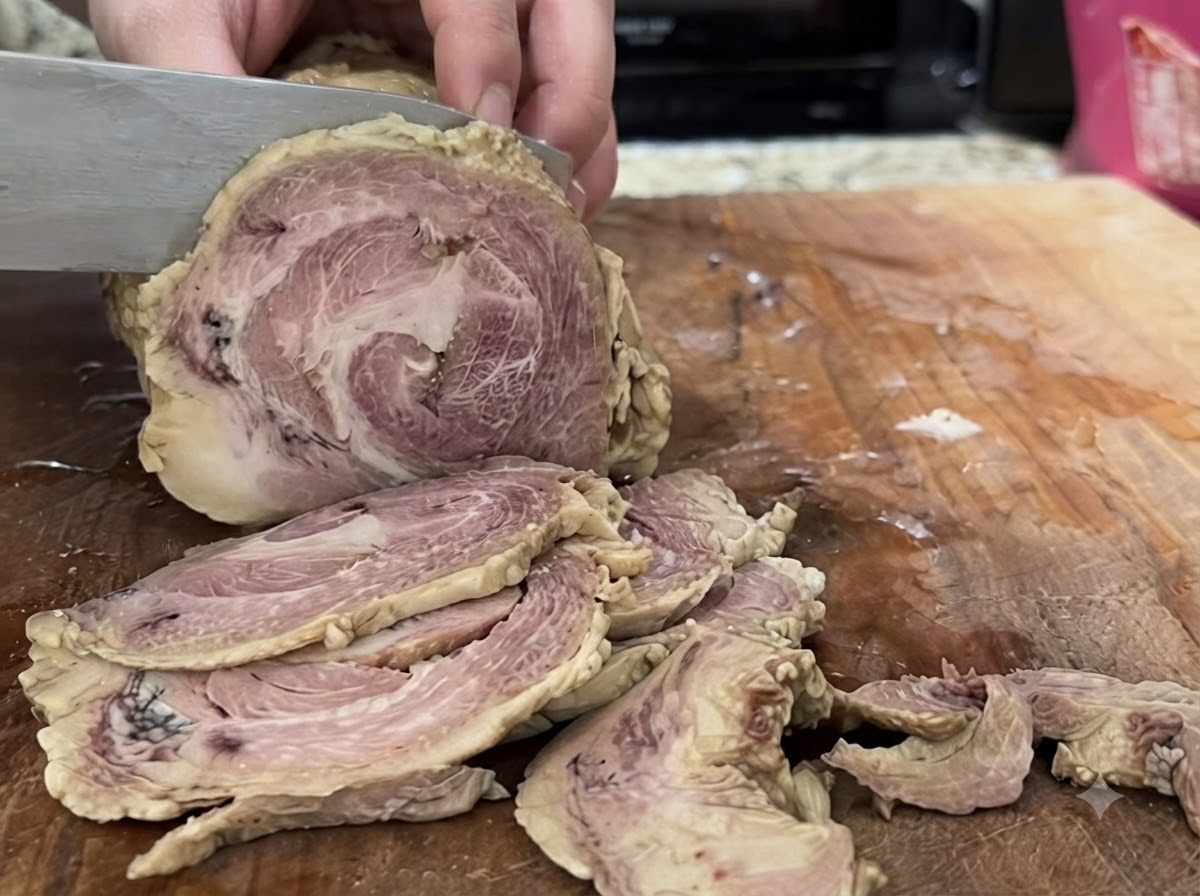 Krojenie schłodzonej zrolowanej wieprzowiny chashu na drewnianej desce do krojenia za pomocą noża.