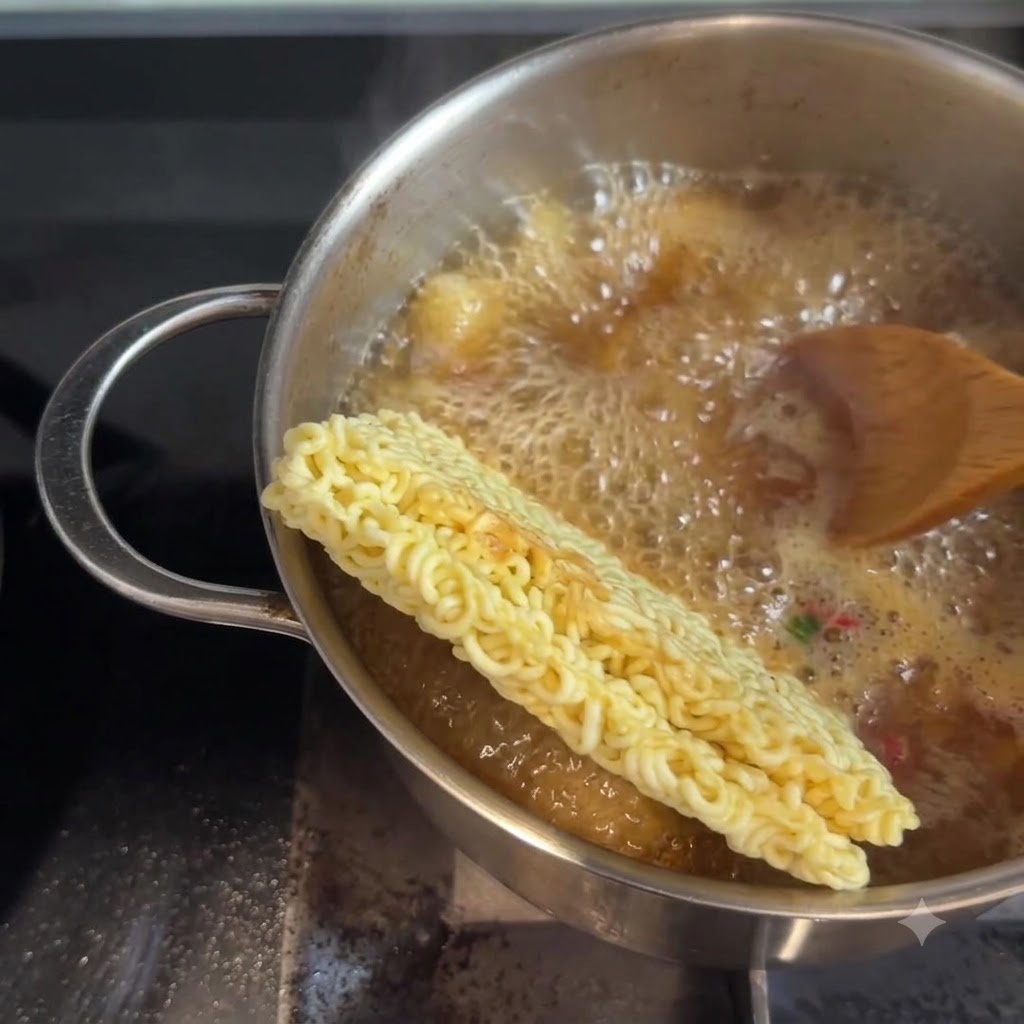 Pałeczki obracające makaron ramen i składniki w gotującym się bulionie.