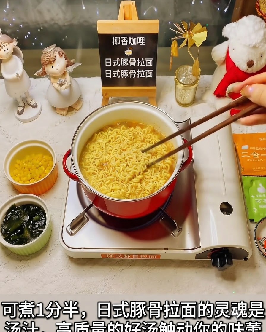 Pałeczki mieszające żółty makaron błyskawiczny gotujący się w czerwonym garnku.