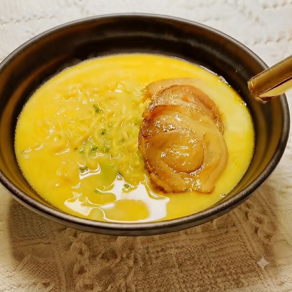 Plastry wieprzowiny chashu w misce z ramenem opiekane ręcznym palnikiem kulinarnym.