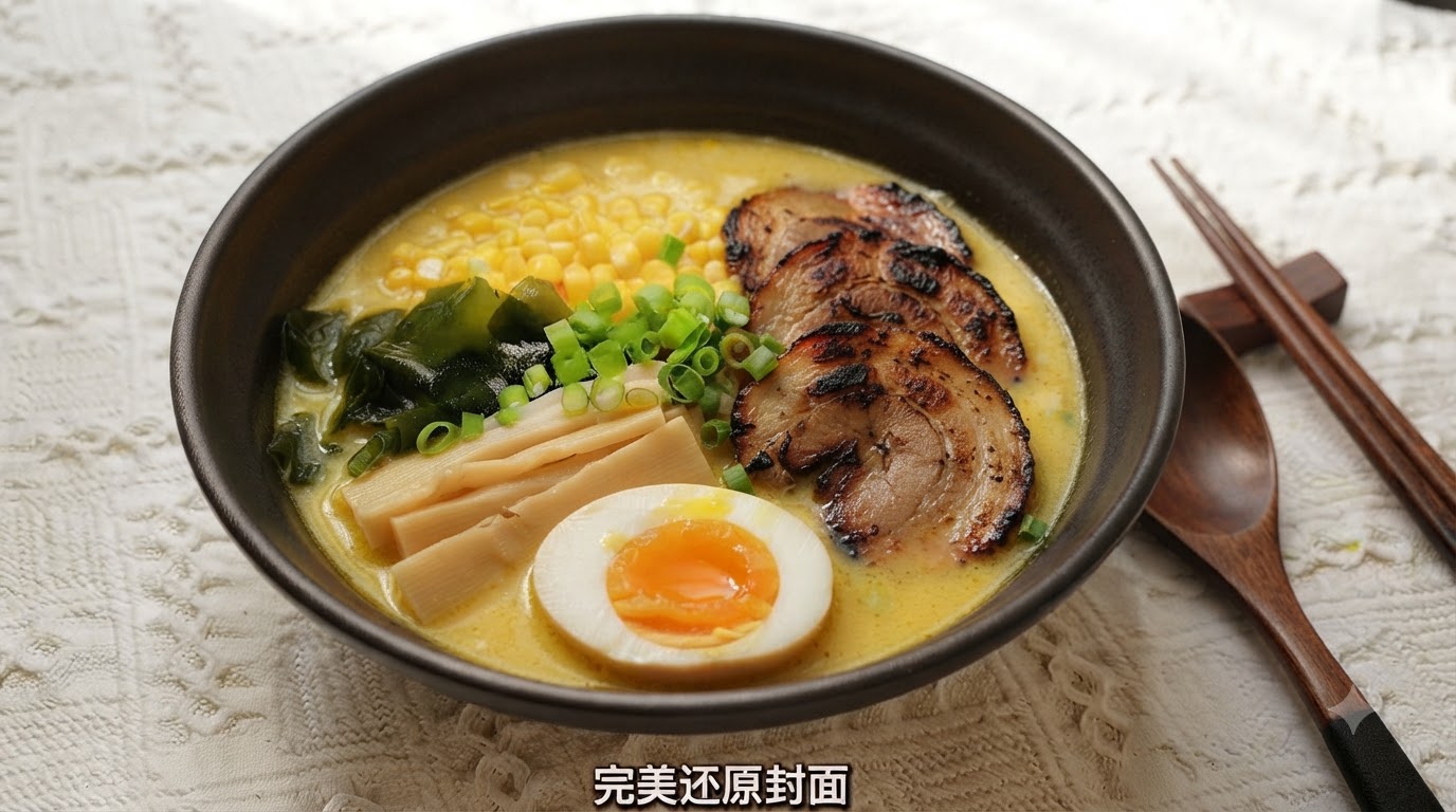Miska japońskiego ramenu tonkotsu w bogatym, żółtym bulionie kokosowym z curry, podawana z opiekaną wieprzowiną chashu, słodką kukurydzą, wodorostami, pędami bambusa i jajkiem na miękko.