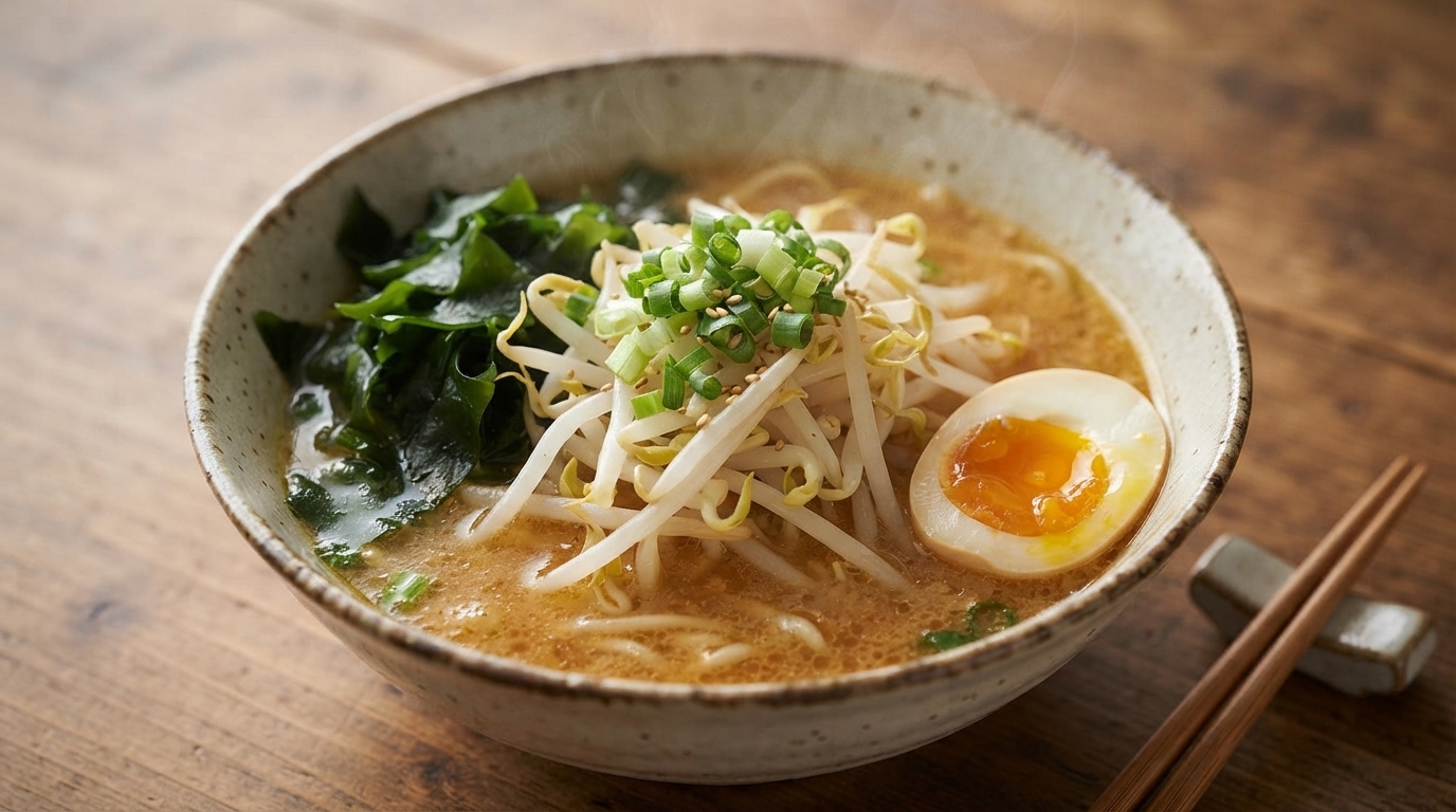 Parująca miska domowego miso ramen przyozdobiona kiełkami fasoli mung, zielonymi wodorostami i jajkiem na miękko.