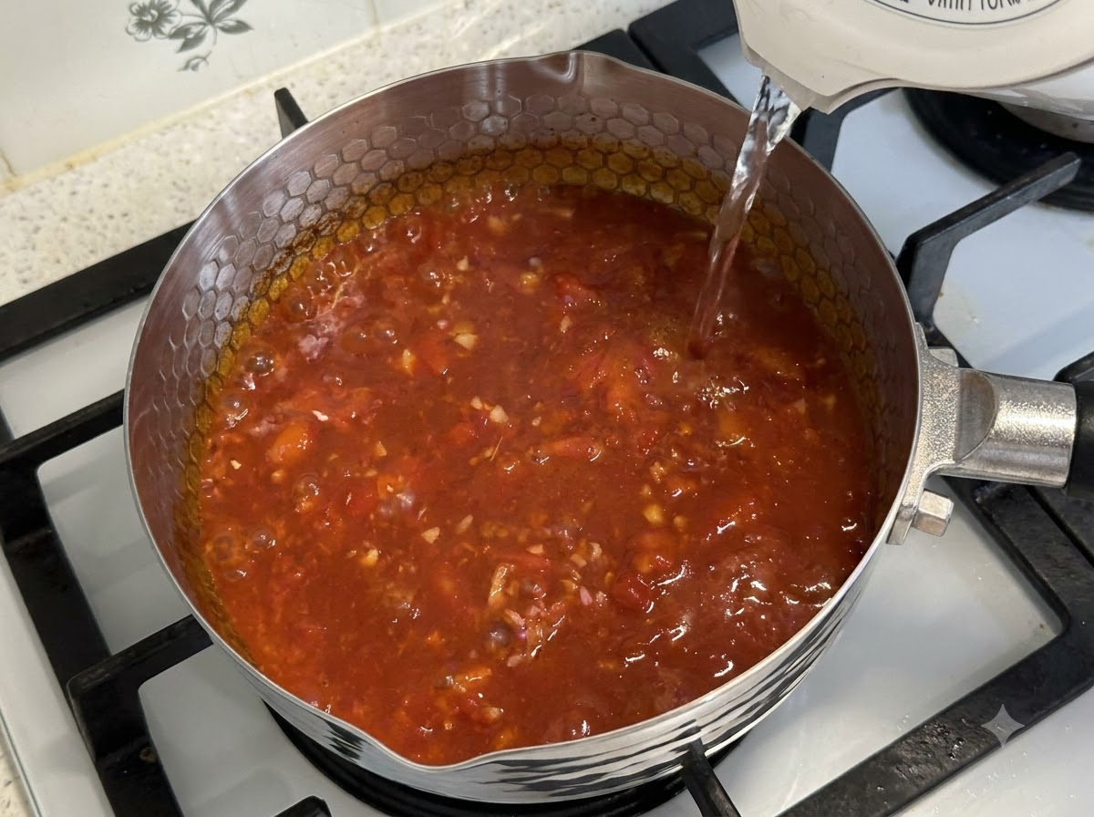 Makaron udon, warzywa, kulki z pasty krewetkowej i tłusta wołowina dodawane do wrzącej zupy pomidorowej.
